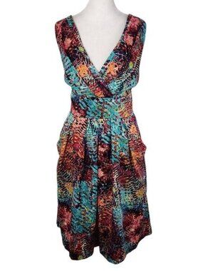Corey P Colorful Sleeveless V-Neck Fit and Flare Knee Length Dress — Size 10